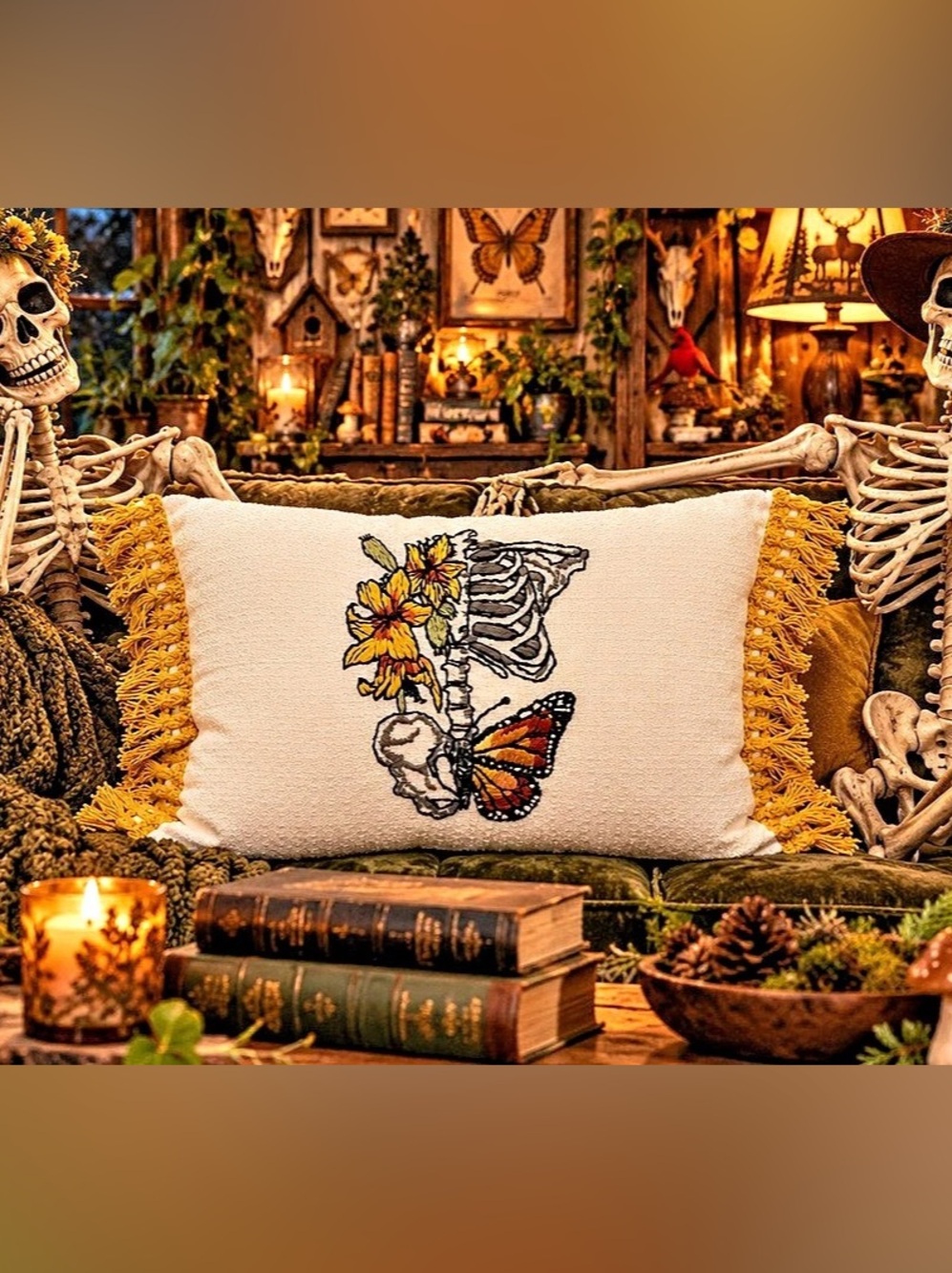 Hand Embroidered Halloween Floral Skeleton Butterfly Accent Pillow